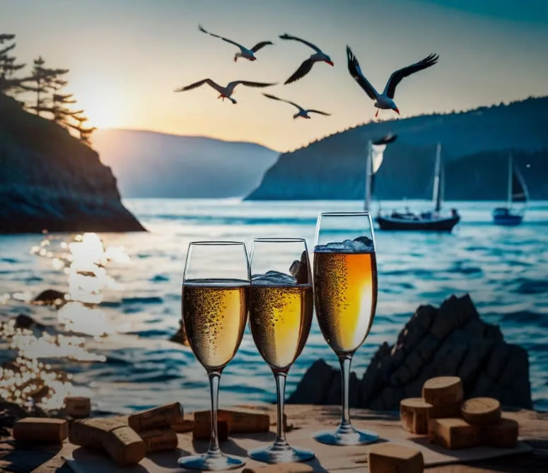 ai generated image of nye party on a beach with seagulls and champagne