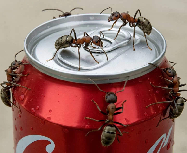 Scale image of carpenter ants on a pop can.