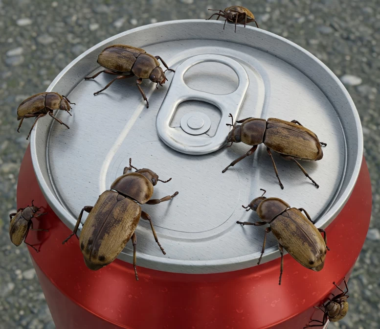 A scale image of Douglas Fir Beetles on top of a pop can